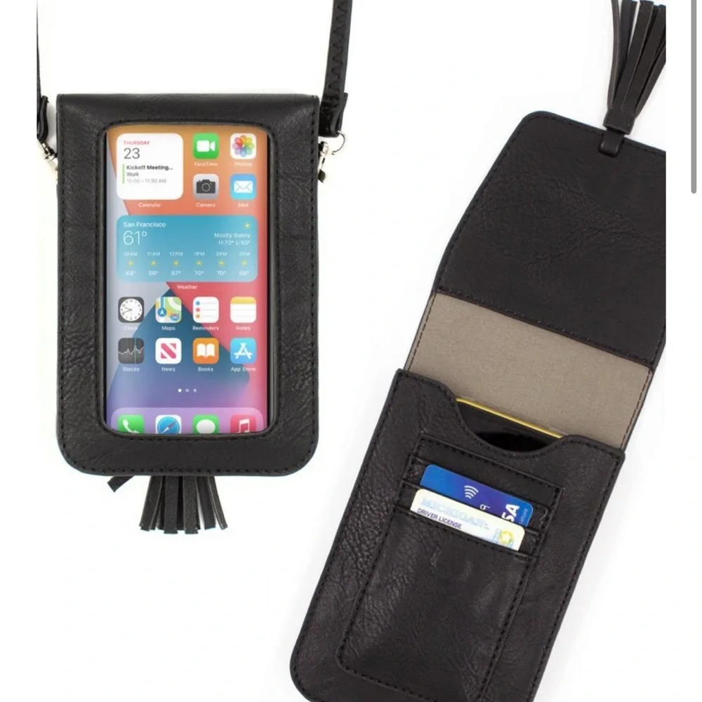 Harper crossbody black tassel phone pouch cardholder